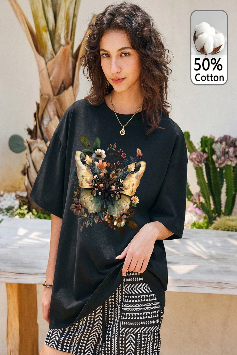 %50 Pamuk Rahat Minimalist Kelebek ve Çiçek Baskılı Tişört Kadınlar İçin, Doğal
