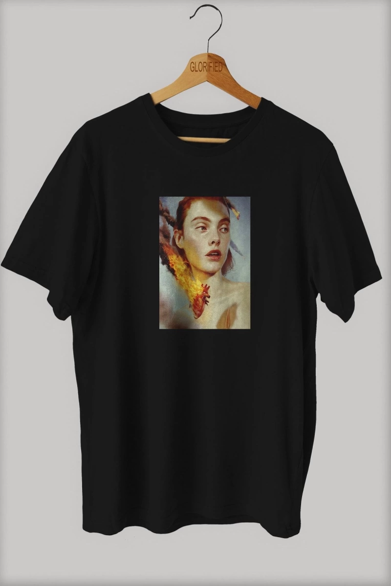 -wed Yanan Bir Kalp Tasarım Baskılı Oversize T-shirt ( Tişört )sokak Tarzı