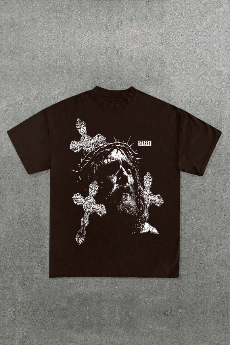 1 Adet Büyük Boy Erkek Moda İsa Haçı Baskılı Tişört, Rahat Sokak Giyimi, Unisex, Tüm Mevsimle