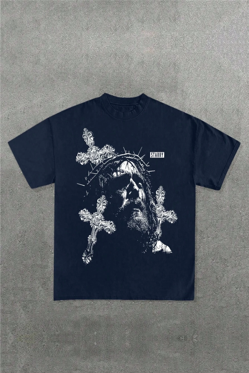 1 Adet Büyük Boy Erkek Moda İsa Haçı Baskılı Tişört, Rahat Sokak Giyimi, Unisex, Tüm Mevsimle