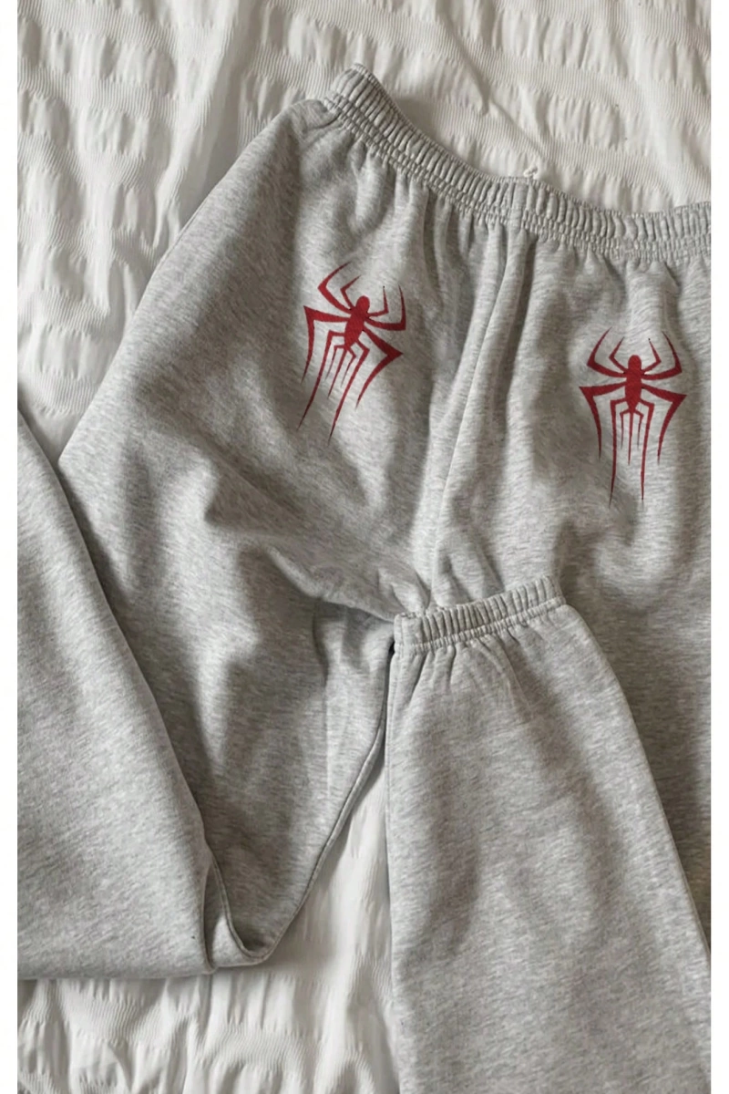 1set Kadın Rahat Kırmızı Örümcek ve Çiçek Baskılı Bağcıklı Etek Sweatshirt ve Pa
