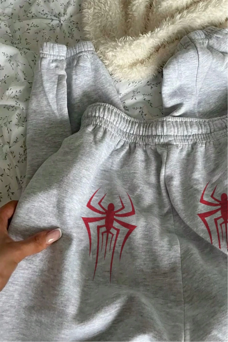 1set Kadın Rahat Kırmızı Örümcek ve Çiçek Baskılı Bağcıklı Etek Sweatshirt ve Pa