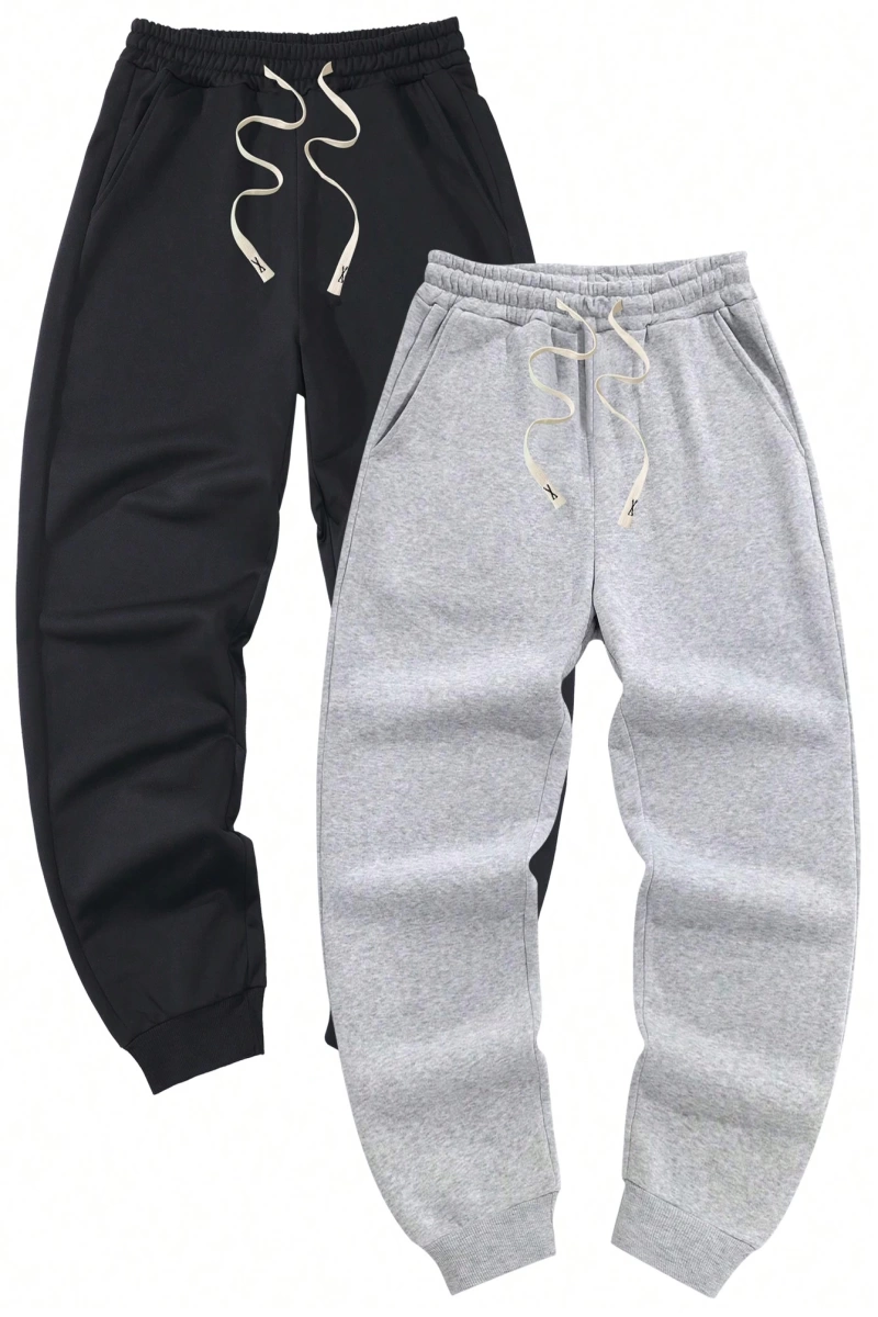 2 adet Erkek Düz Renk Gevşek Bağcıklı Bel Eşofman Altı, Fitness ve Koşu Jogger Pantolonu, İlk