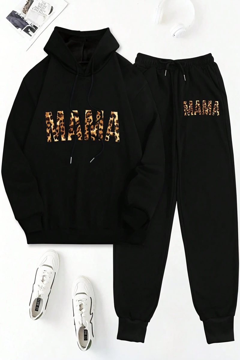 2 adet/takım Bol Günlük MAMA Baskılı Sweatshirt ve Bağcıklı Pantolon, Kadınlar İçin