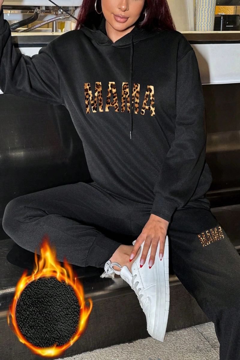 2 adet/takım Bol Günlük MAMA Baskılı Sweatshirt ve Bağcıklı Pantolon, Kadınlar İçin