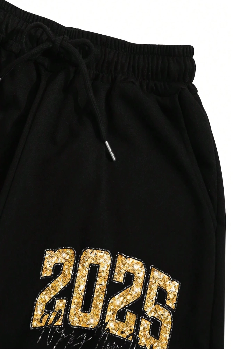 2 adet/takım Bol Günlük MAMA Baskılı Sweatshirt ve Bağcıklı Pantolon, Kadınlar İçin