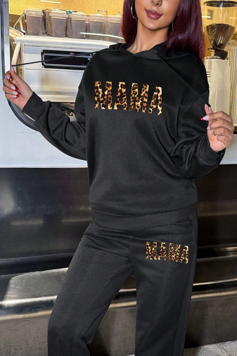 2 adet/takım Bol Günlük MAMA Baskılı Sweatshirt ve Bağcıklı Pantolon, Kadınlar İçin