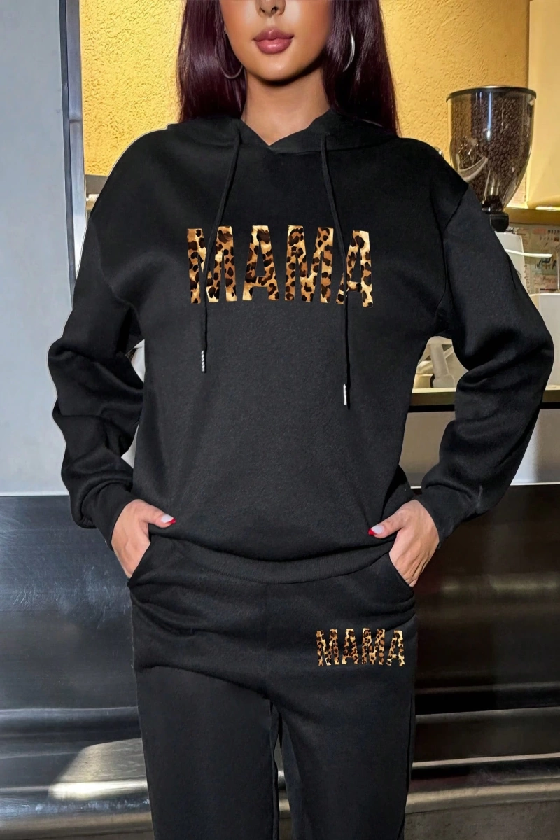 2 adet/takım Bol Günlük MAMA Baskılı Sweatshirt ve Bağcıklı Pantolon, Kadınlar İçin