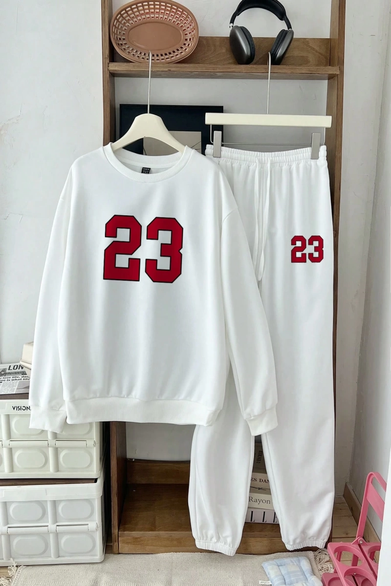 2 adet/takım Kadın Rahat 23# Bol Mürettebat Yaka Büyük Boy Sweatshirt ve Bağcıklı Pa