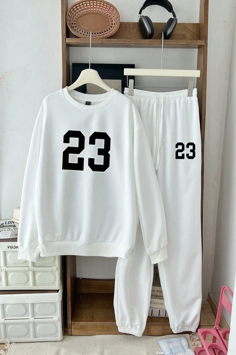 2 adet/takım Kadın Rahat 23# Bol Mürettebat Yaka Büyük Boy Sweatshirt ve Bağcıklı Pa
