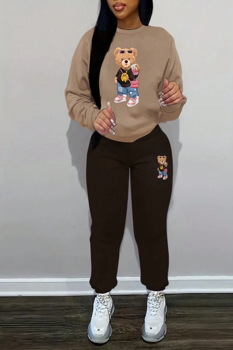 2 Adet/Takım Rahat Ayı Baskılı Sweatshirt Ve Eşofman Altı, Sonbahar/Kış