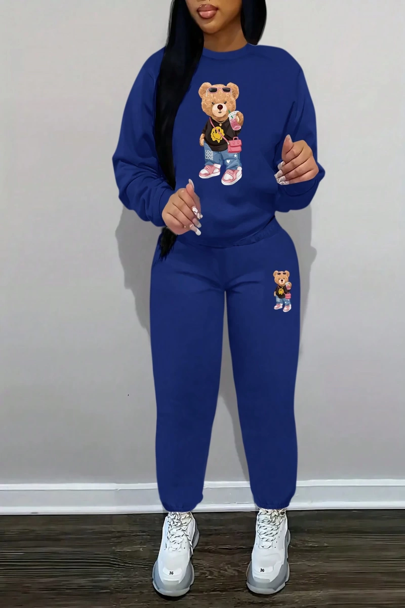 2 Adet/Takım Rahat Ayı Baskılı Sweatshirt Ve Eşofman Altı, Sonbahar/Kış