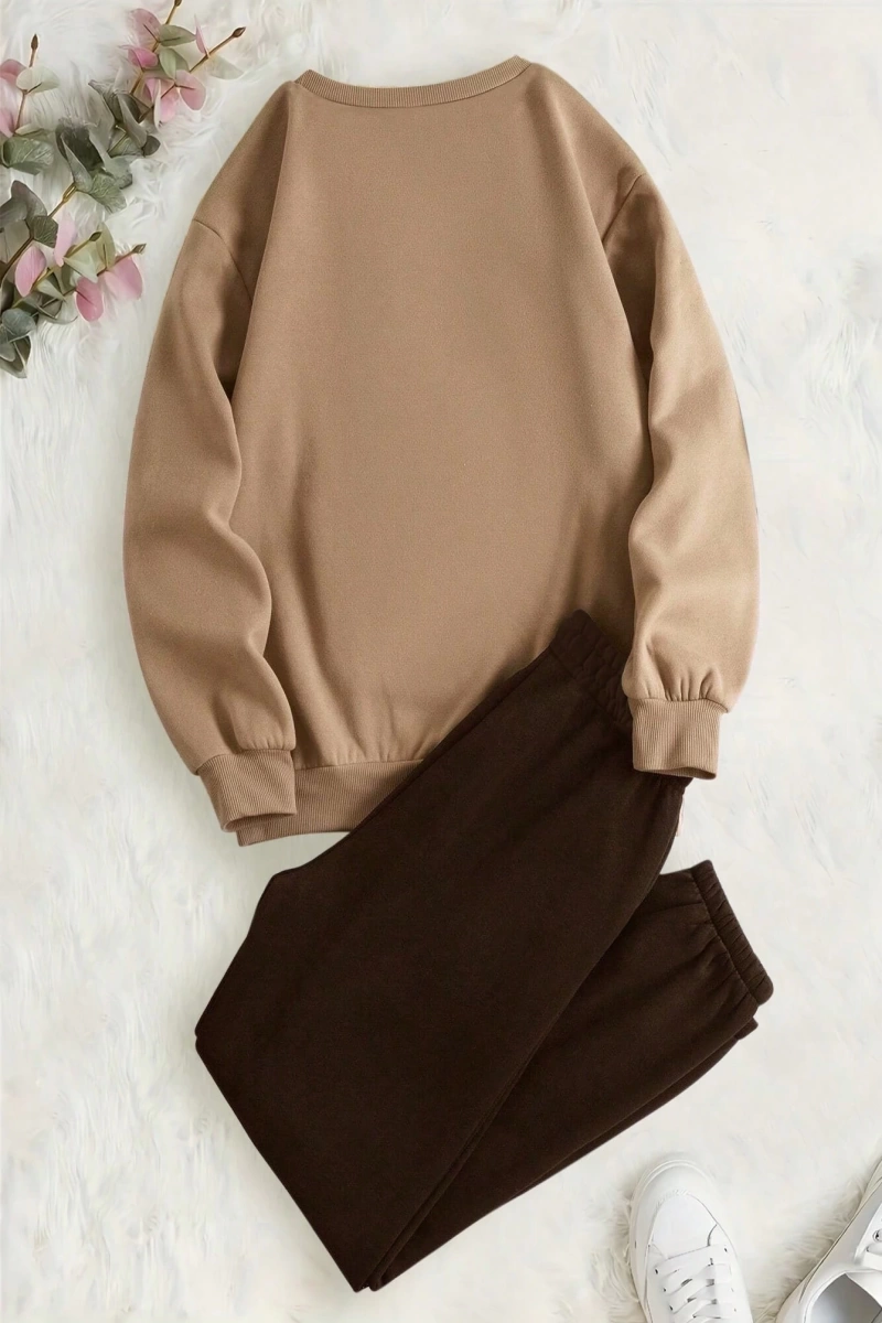 2 Adet/Takım Rahat Ayı Baskılı Sweatshirt Ve Eşofman Altı, Sonbahar/Kış
