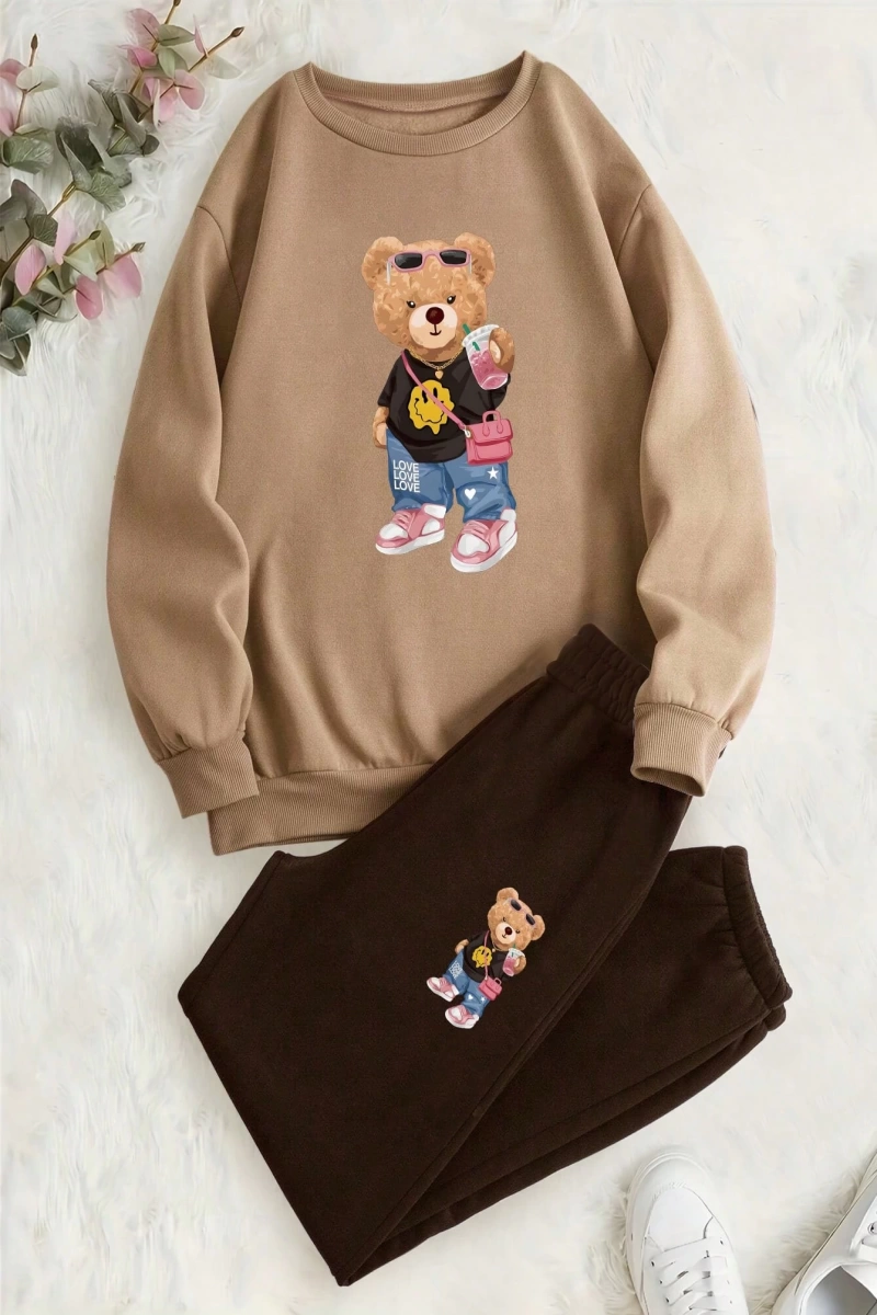 2 Adet/Takım Rahat Ayı Baskılı Sweatshirt Ve Eşofman Altı, Sonbahar/Kış