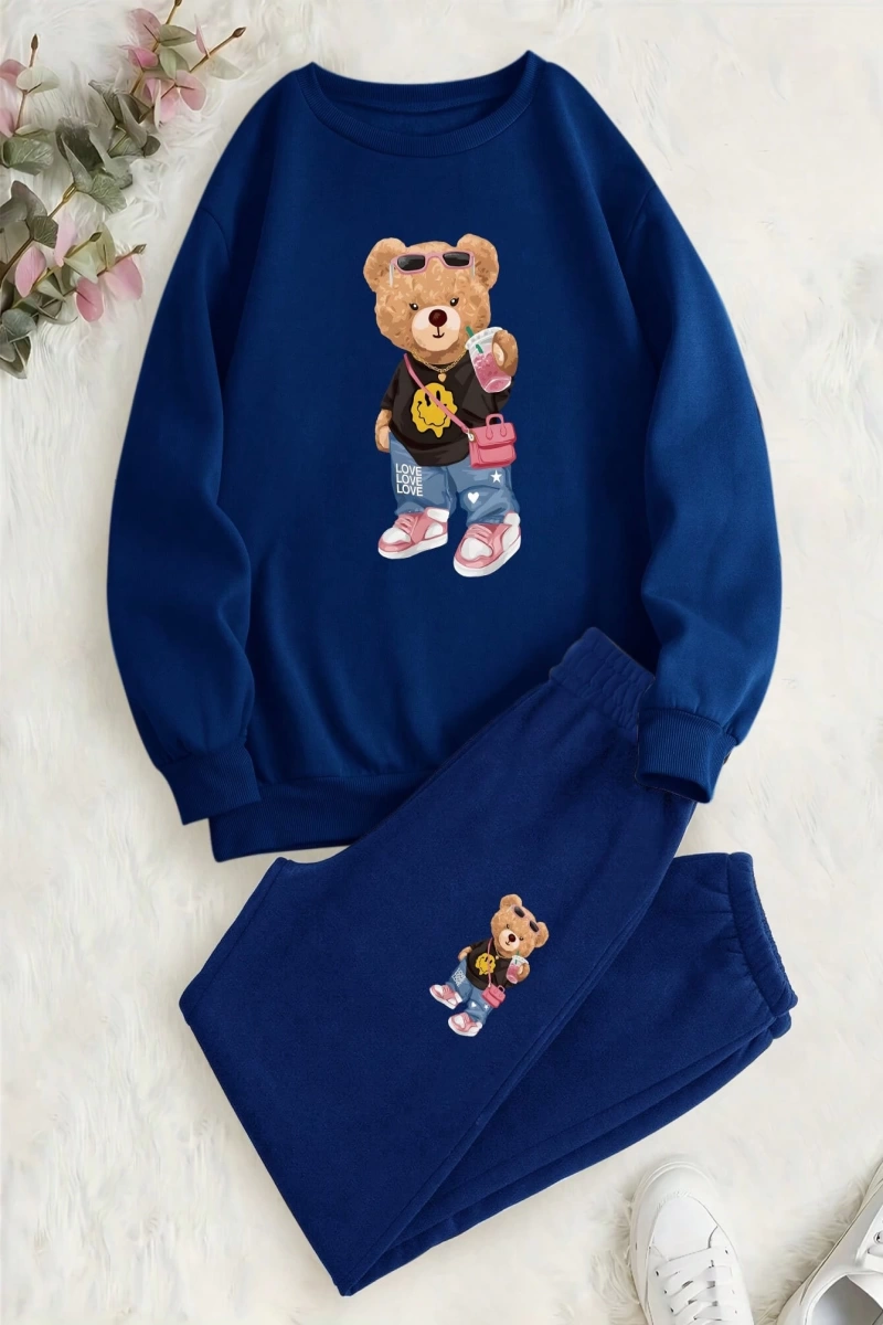 2 Adet/Takım Rahat Ayı Baskılı Sweatshirt Ve Eşofman Altı, Sonbahar/Kış