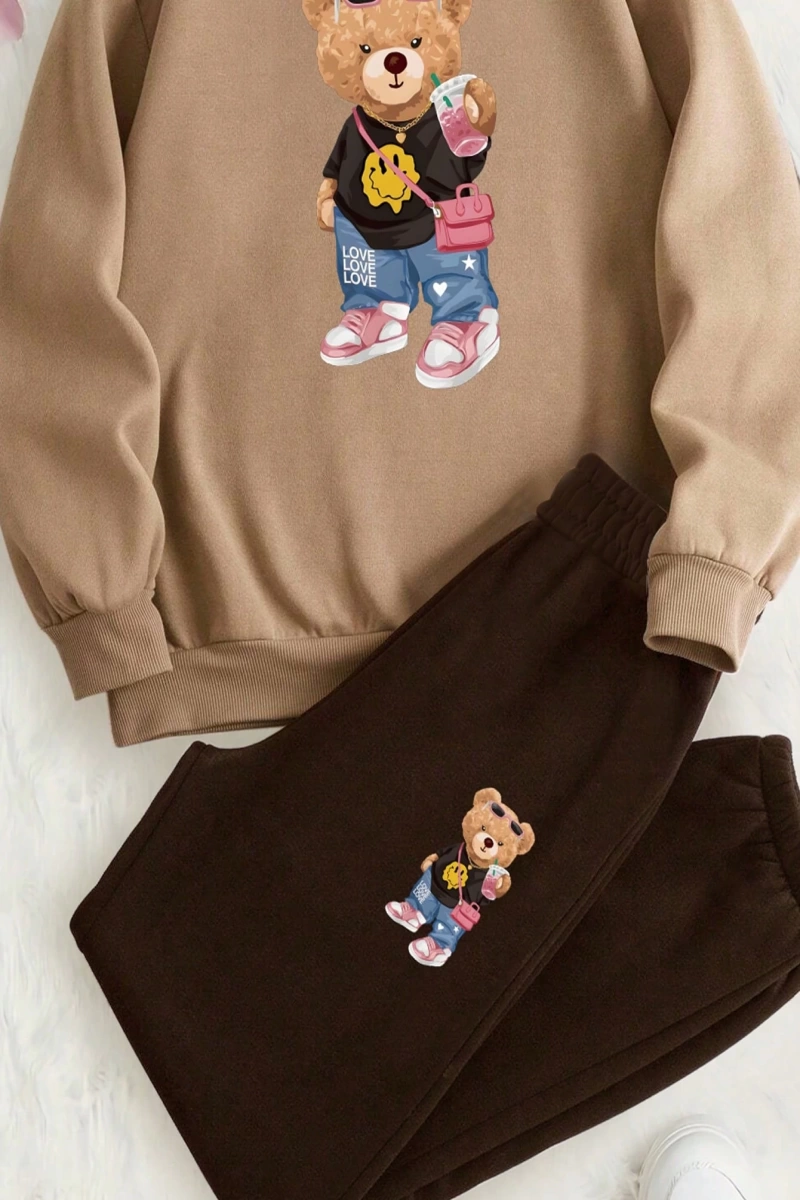 2 Adet/Takım Rahat Ayı Baskılı Sweatshirt Ve Eşofman Altı, Sonbahar/Kış