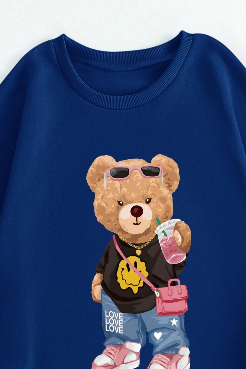 2 Adet/Takım Rahat Ayı Baskılı Sweatshirt Ve Eşofman Altı, Sonbahar/Kış