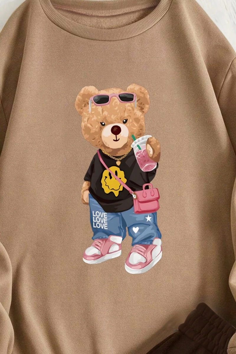 2 Adet/Takım Rahat Ayı Baskılı Sweatshirt Ve Eşofman Altı, Sonbahar/Kış