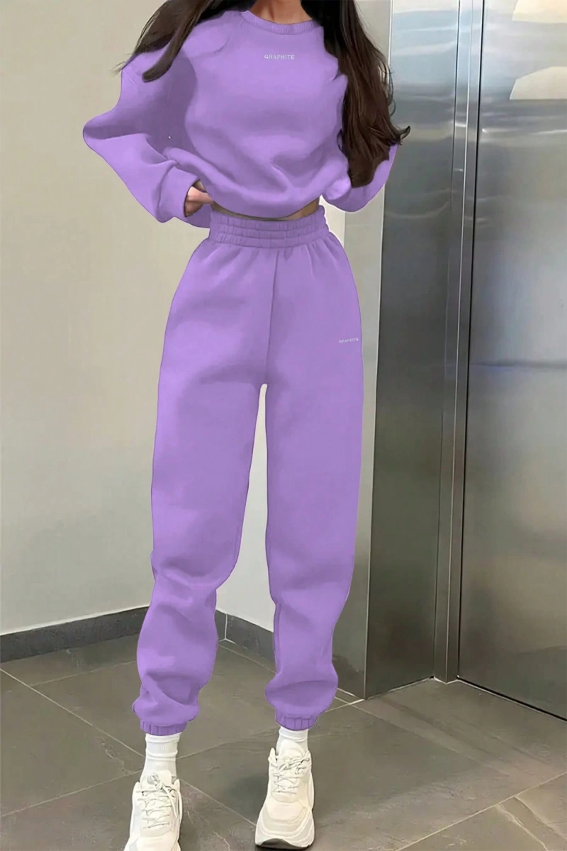 2li Büyük Beden Günlük Harfli Grafik Polar Sweatshirt ve Eşofman Altı Takımı, Sonbah