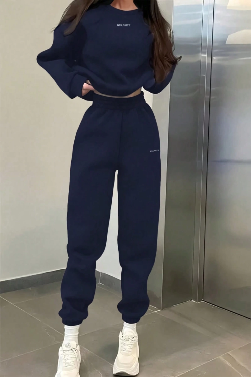 2li Büyük Beden Günlük Harfli Grafik Polar Sweatshirt ve Eşofman Altı Takımı, Sonbah