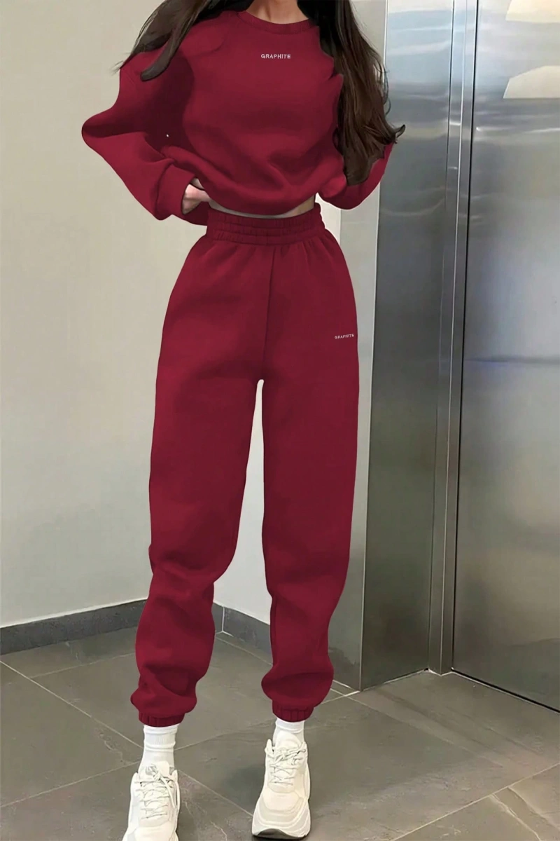 2li Büyük Beden Günlük Harfli Grafik Polar Sweatshirt ve Eşofman Altı Takımı, Sonbah