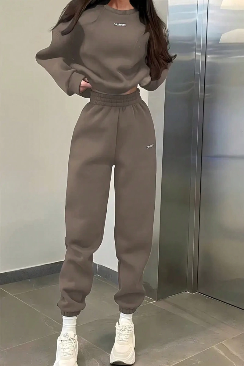 2li Büyük Beden Günlük Harfli Grafik Polar Sweatshirt ve Eşofman Altı Takımı, Sonbah