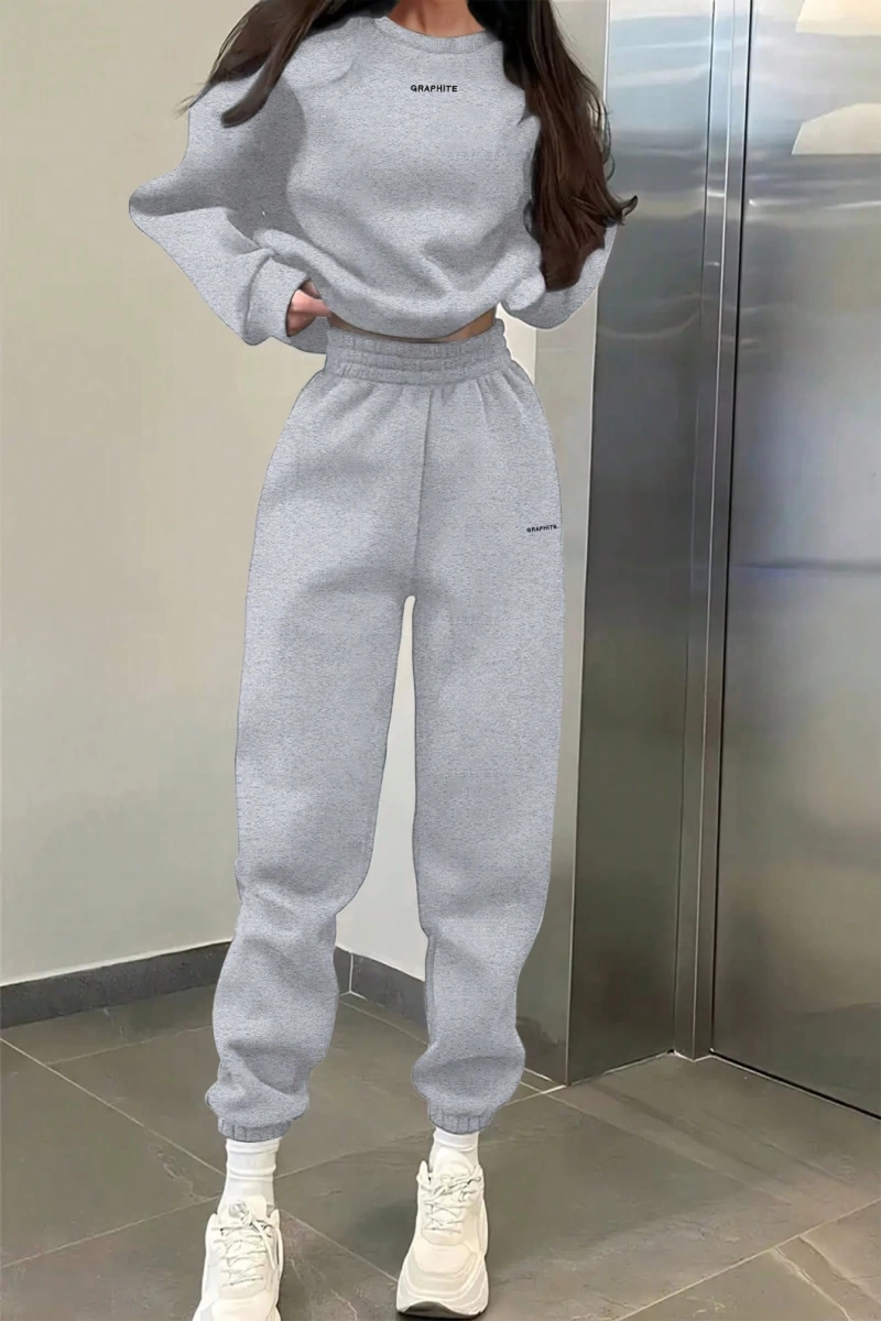 2li Büyük Beden Günlük Harfli Grafik Polar Sweatshirt ve Eşofman Altı Takımı, Sonbah