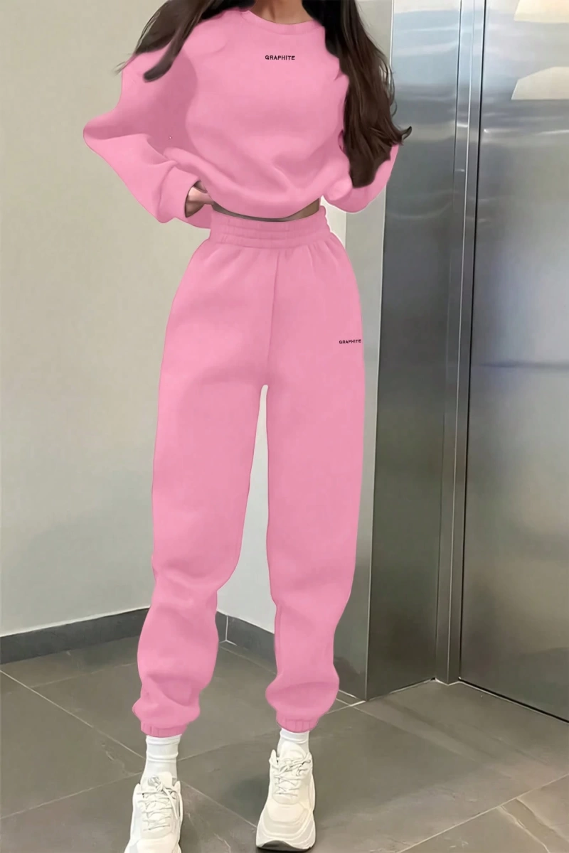 2li Büyük Beden Günlük Harfli Grafik Polar Sweatshirt ve Eşofman Altı Takımı, Sonbah