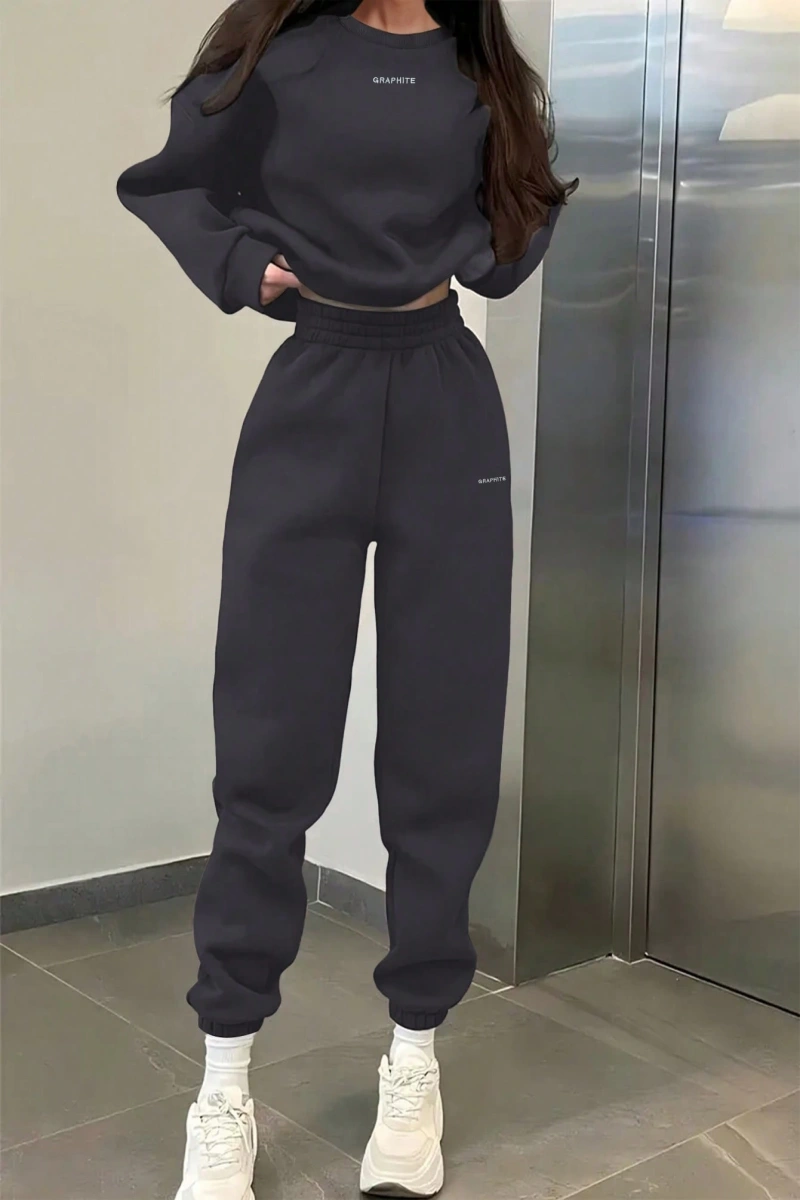 2li Büyük Beden Günlük Harfli Grafik Polar Sweatshirt ve Eşofman Altı Takımı, Sonbah