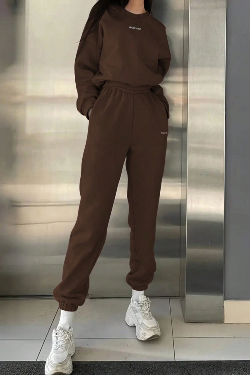 2li Büyük Beden Günlük Harfli Grafik Polar Sweatshirt ve Eşofman Altı Takımı, Sonbah