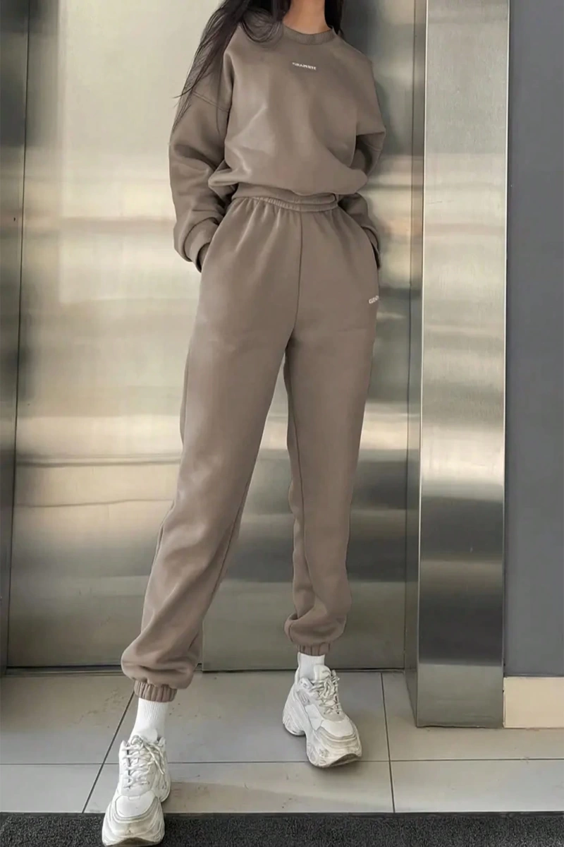 2li Büyük Beden Günlük Harfli Grafik Polar Sweatshirt ve Eşofman Altı Takımı, Sonbah