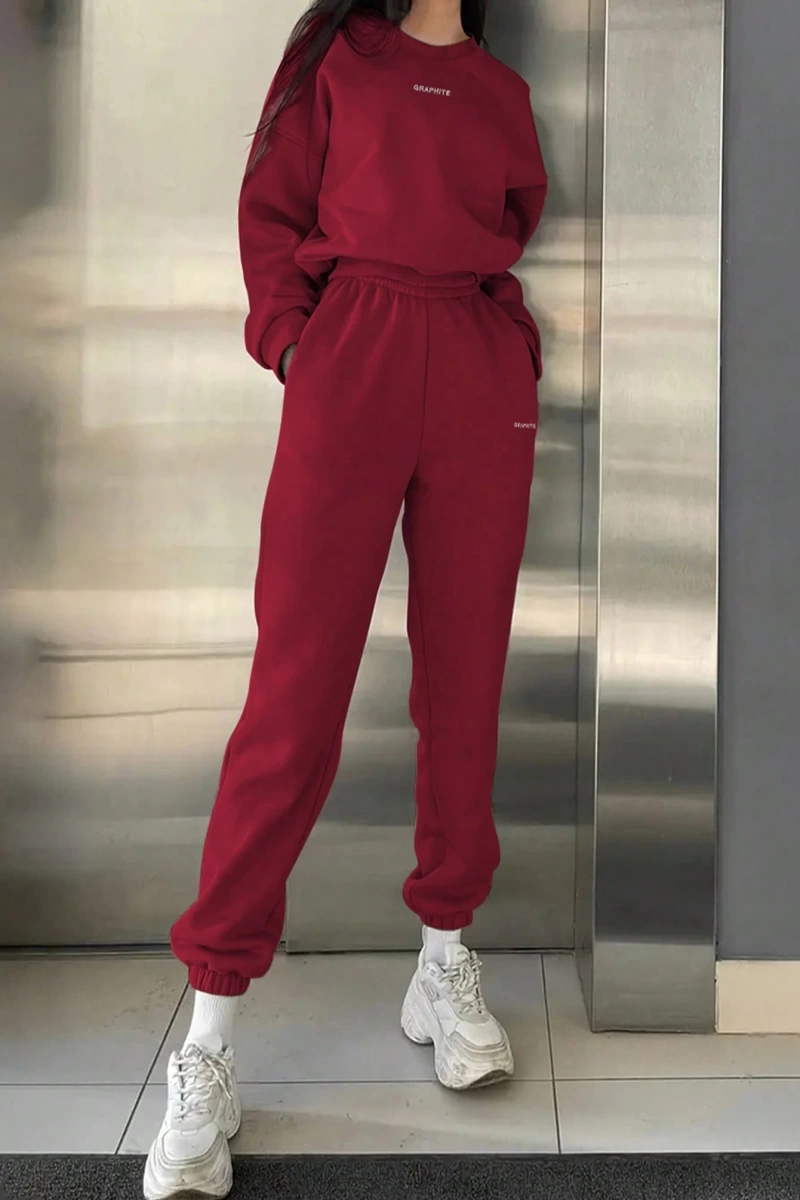 2li Büyük Beden Günlük Harfli Grafik Polar Sweatshirt ve Eşofman Altı Takımı, Sonbah