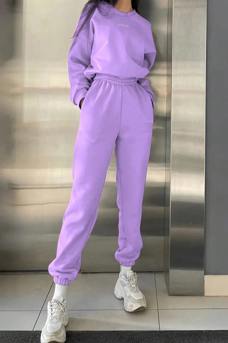 2li Büyük Beden Günlük Harfli Grafik Polar Sweatshirt ve Eşofman Altı Takımı, Sonbah