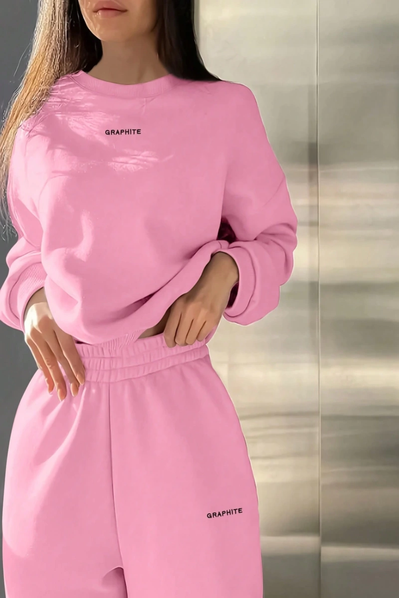 2li Büyük Beden Günlük Harfli Grafik Polar Sweatshirt ve Eşofman Altı Takımı, Sonbah