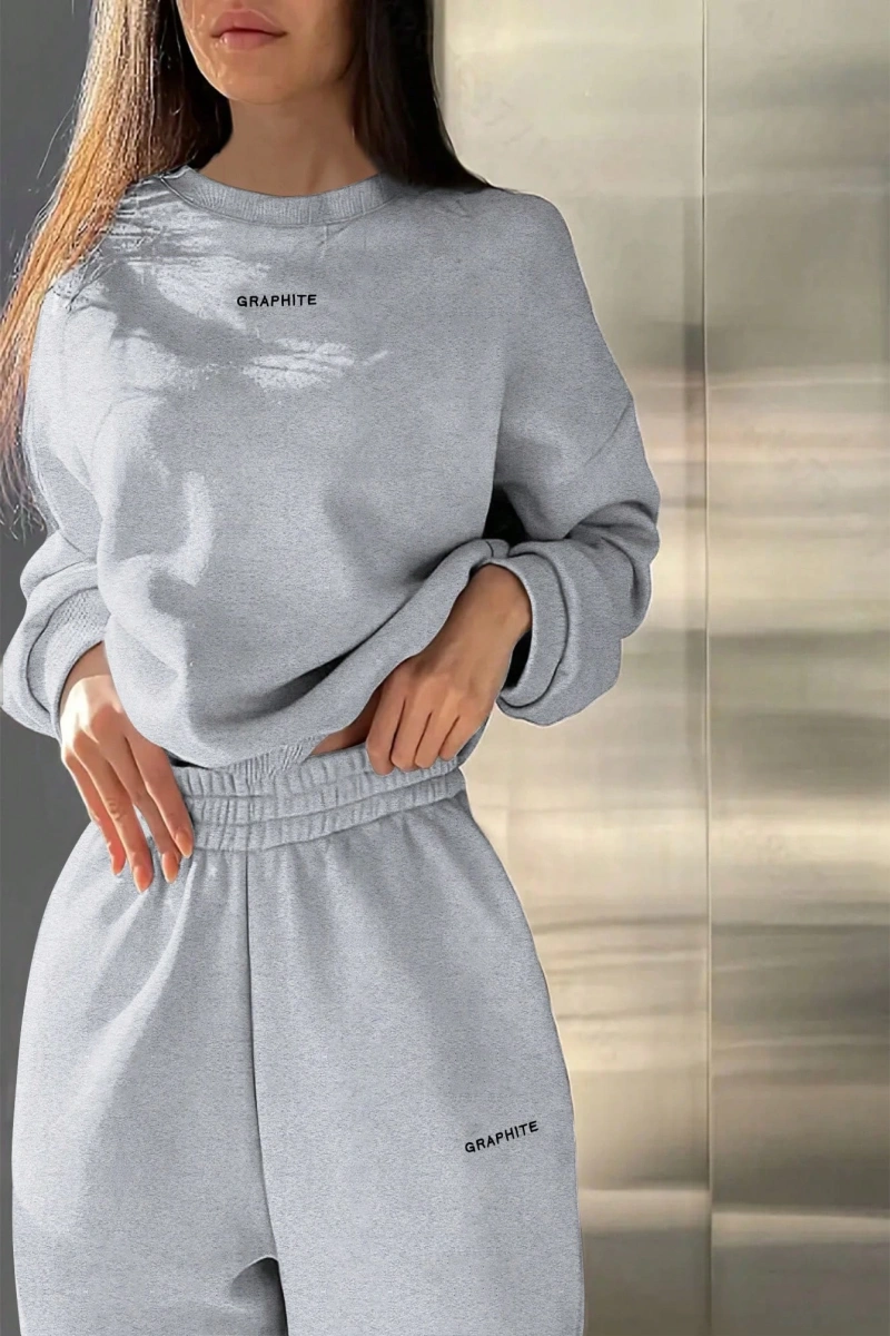 2li Büyük Beden Günlük Harfli Grafik Polar Sweatshirt ve Eşofman Altı Takımı, Sonbah