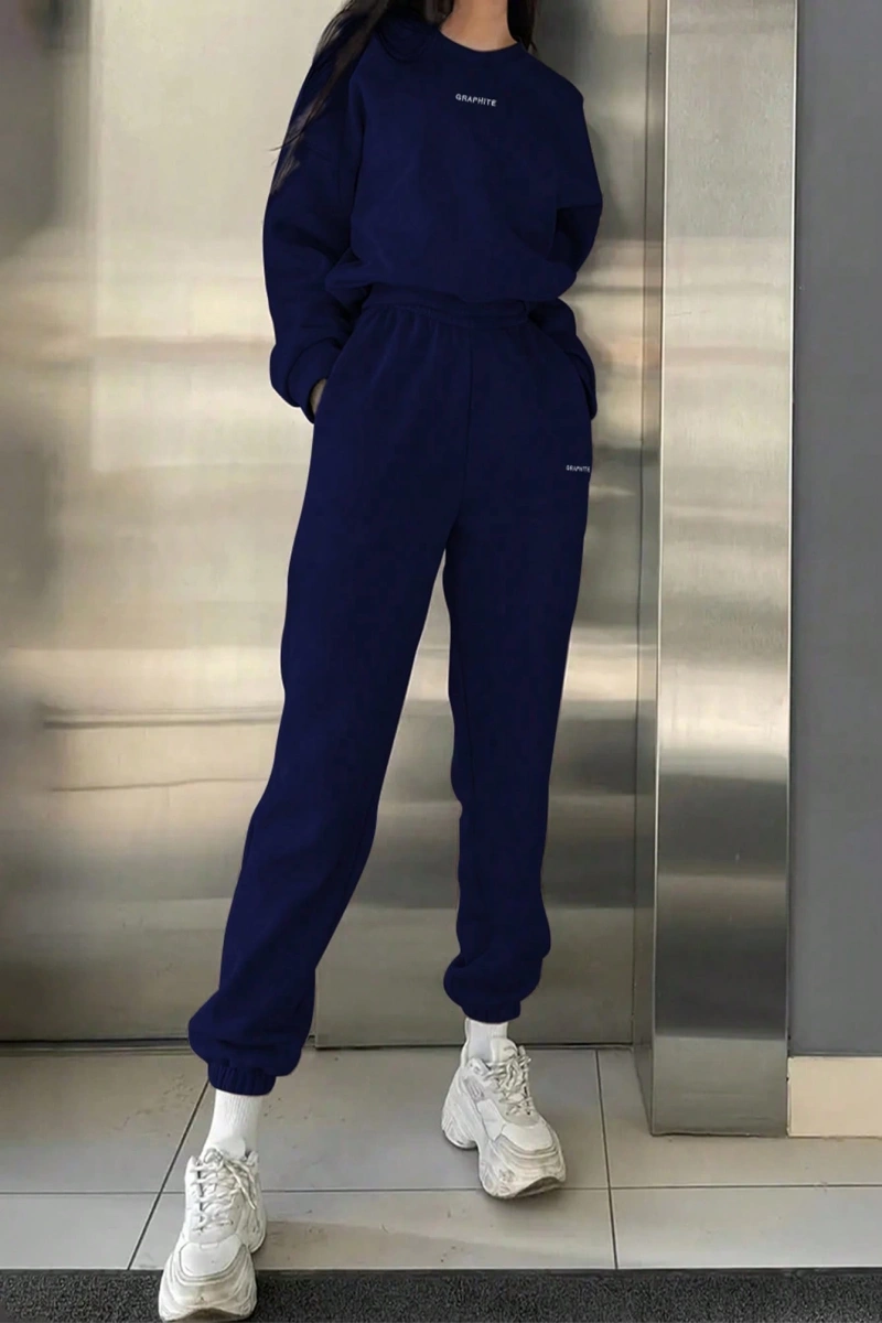 2li Büyük Beden Günlük Harfli Grafik Polar Sweatshirt ve Eşofman Altı Takımı, Sonbah