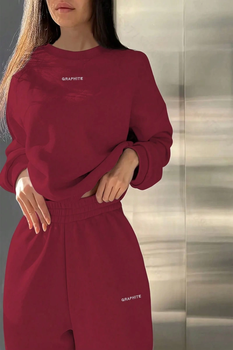 2li Büyük Beden Günlük Harfli Grafik Polar Sweatshirt ve Eşofman Altı Takımı, Sonbah