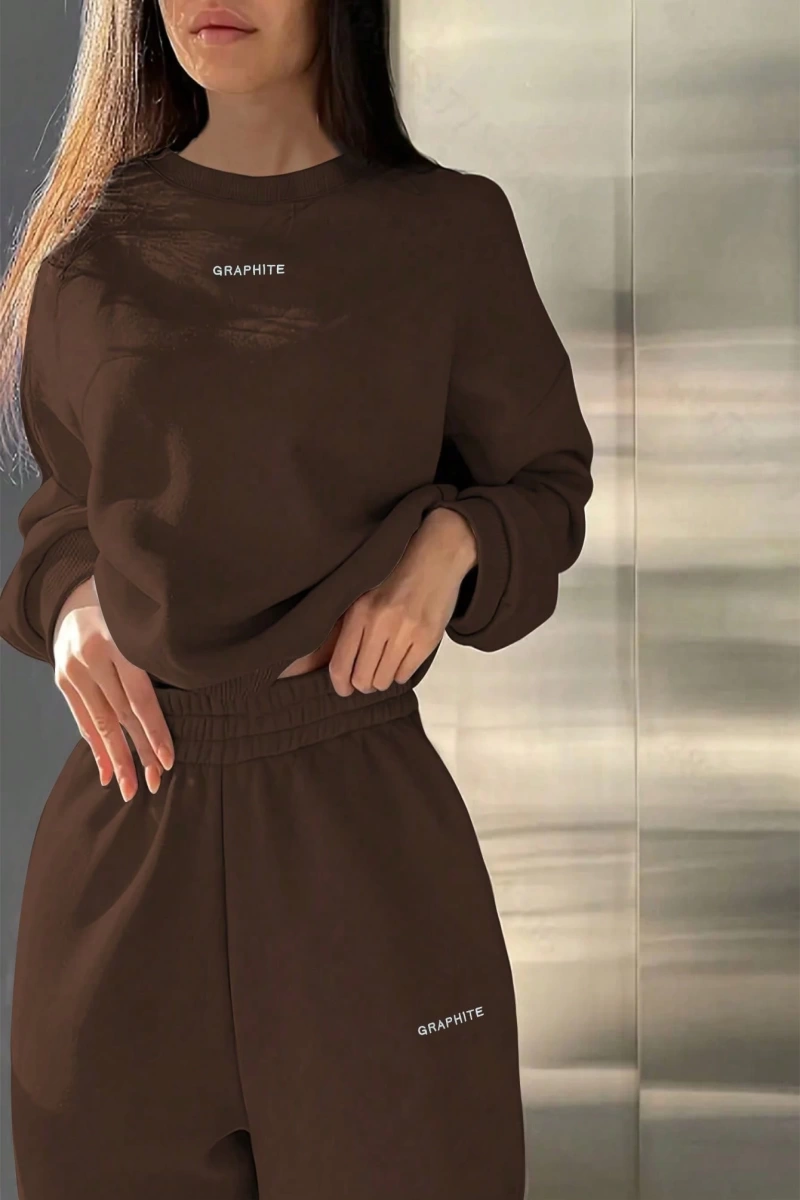 2li Büyük Beden Günlük Harfli Grafik Polar Sweatshirt ve Eşofman Altı Takımı, Sonbah