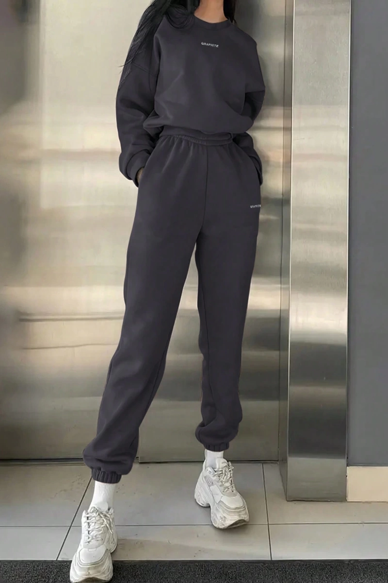 2li Büyük Beden Günlük Harfli Grafik Polar Sweatshirt ve Eşofman Altı Takımı, Sonbah