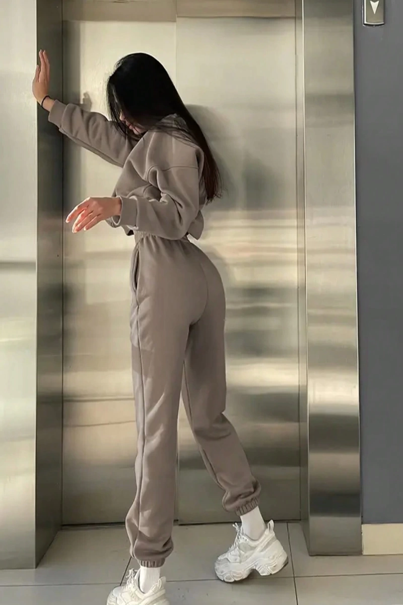 2li Büyük Beden Günlük Harfli Grafik Polar Sweatshirt ve Eşofman Altı Takımı, Sonbah
