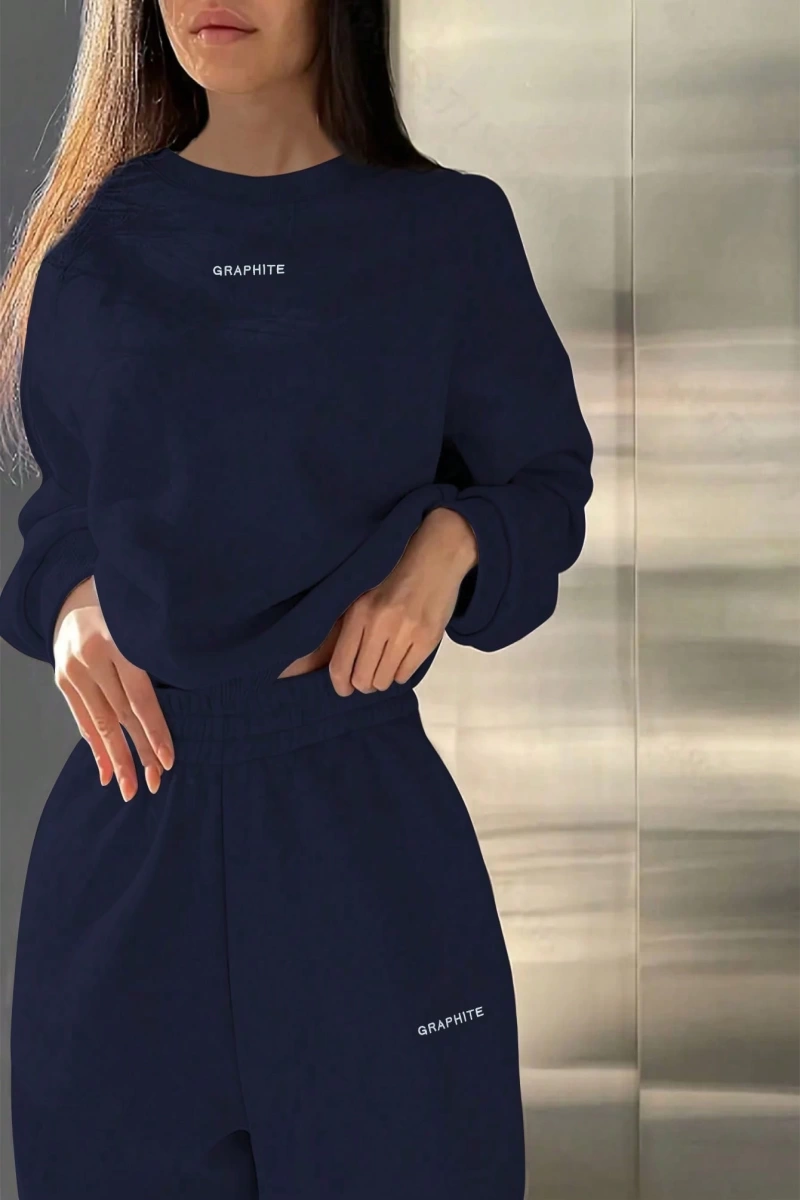 2li Büyük Beden Günlük Harfli Grafik Polar Sweatshirt ve Eşofman Altı Takımı, Sonbah