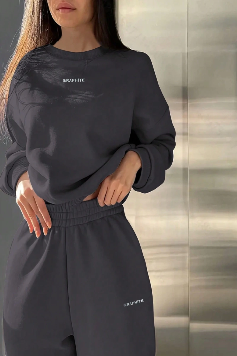 2li Büyük Beden Günlük Harfli Grafik Polar Sweatshirt ve Eşofman Altı Takımı, Sonbah