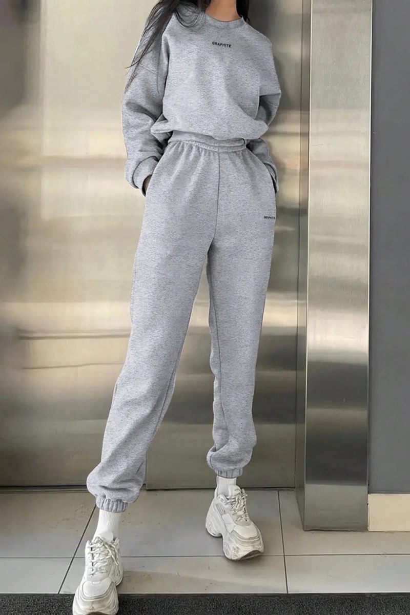 2li Büyük Beden Günlük Harfli Grafik Polar Sweatshirt ve Eşofman Altı Takımı, Sonbah
