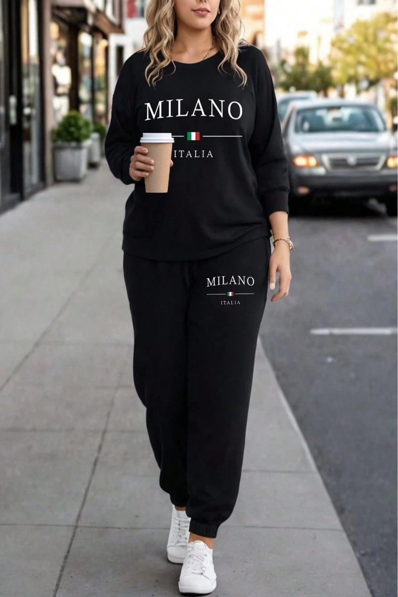 2li Büyük Beden Kadın Günlük New York Harf Baskılı Sweatshirt Ve Eşofman Altı Takımı,