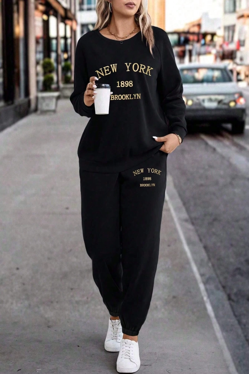 2li Büyük Beden Kadın Günlük New York Harf Baskılı Sweatshirt Ve Eşofman Altı Takımı,