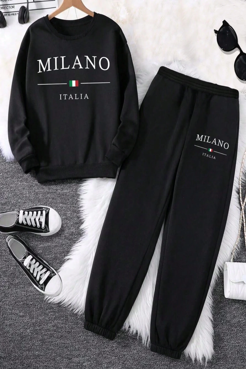 2li Büyük Beden Kadın Günlük New York Harf Baskılı Sweatshirt Ve Eşofman Altı Takımı,
