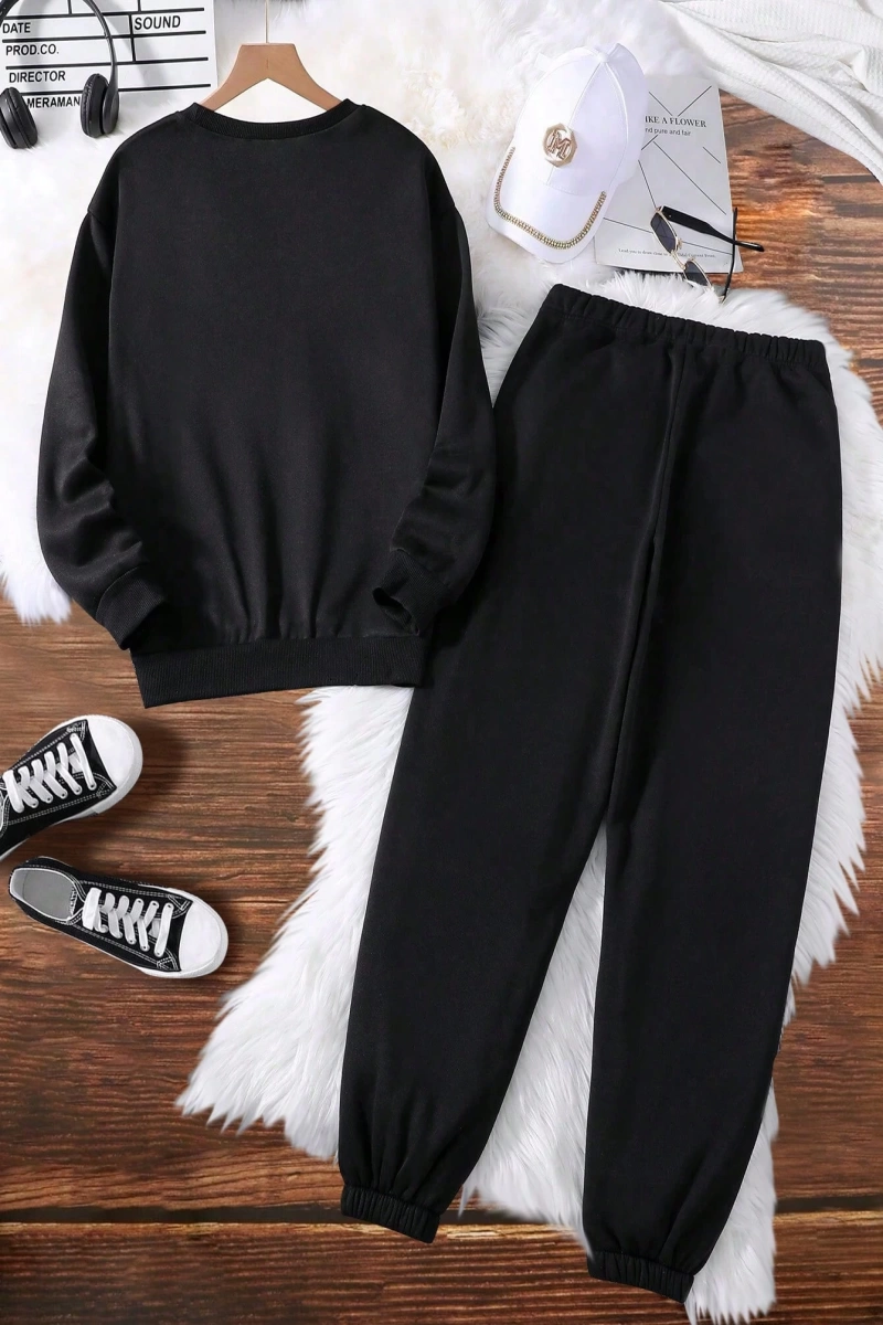 2li Büyük Beden Kadın Günlük New York Harf Baskılı Sweatshirt Ve Eşofman Altı Takımı,