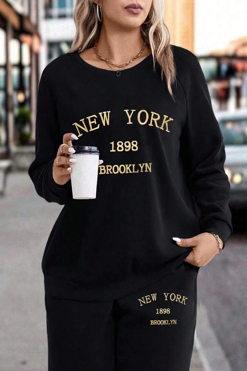 2li Büyük Beden Kadın Günlük New York Harf Baskılı Sweatshirt Ve Eşofman Altı Takımı,