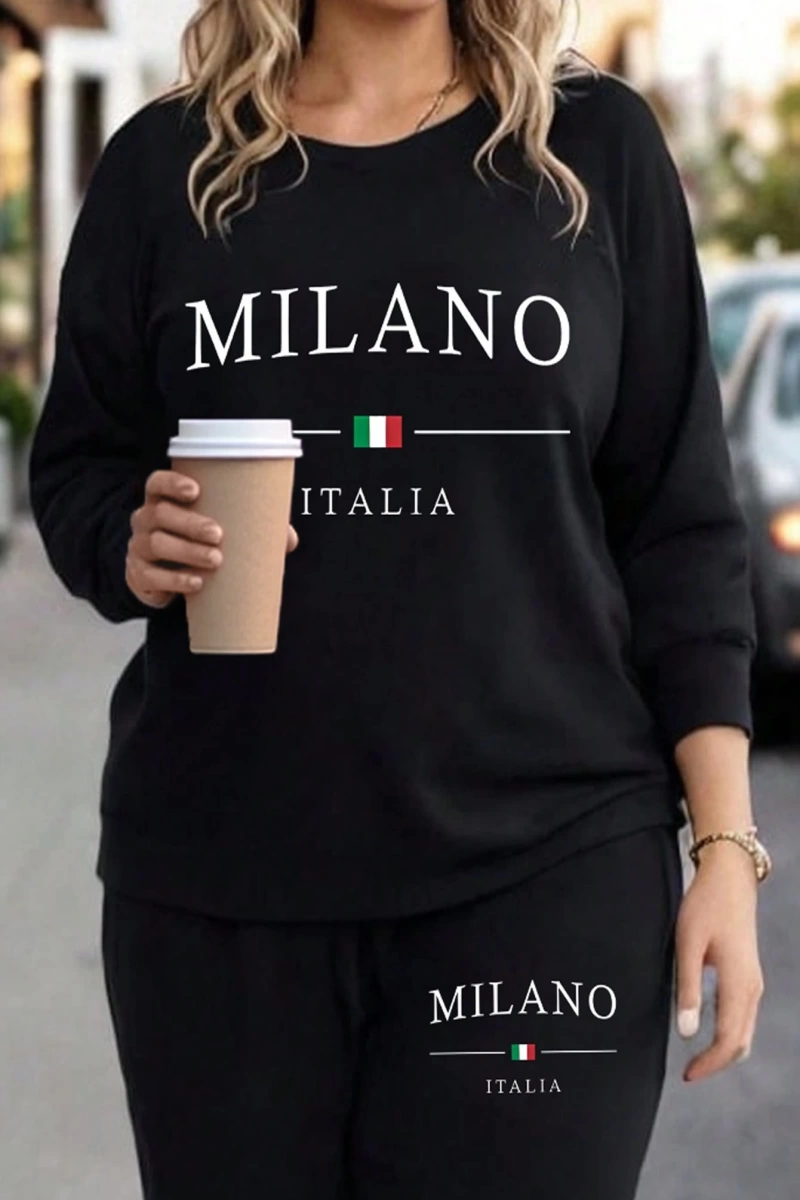 2li Büyük Beden Kadın Günlük New York Harf Baskılı Sweatshirt Ve Eşofman Altı Takımı,