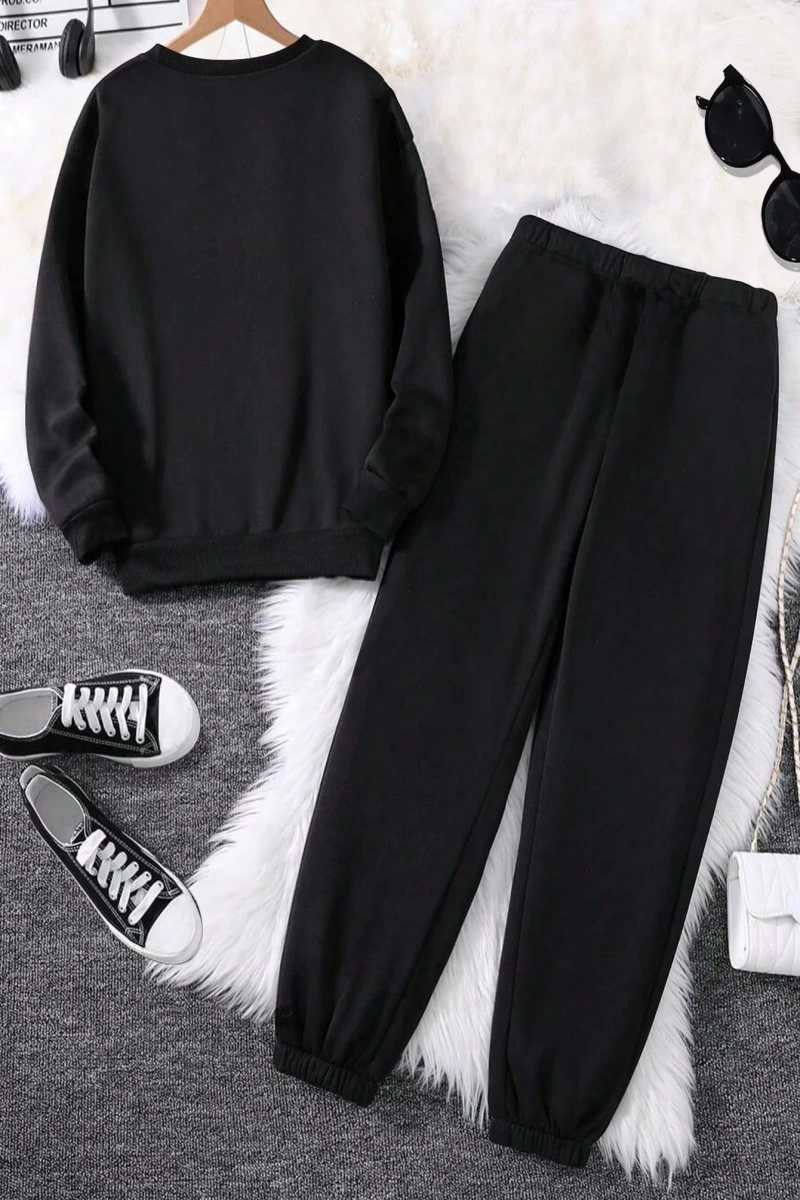 2li Büyük Beden Kadın Günlük New York Harf Baskılı Sweatshirt Ve Eşofman Altı Takımı,